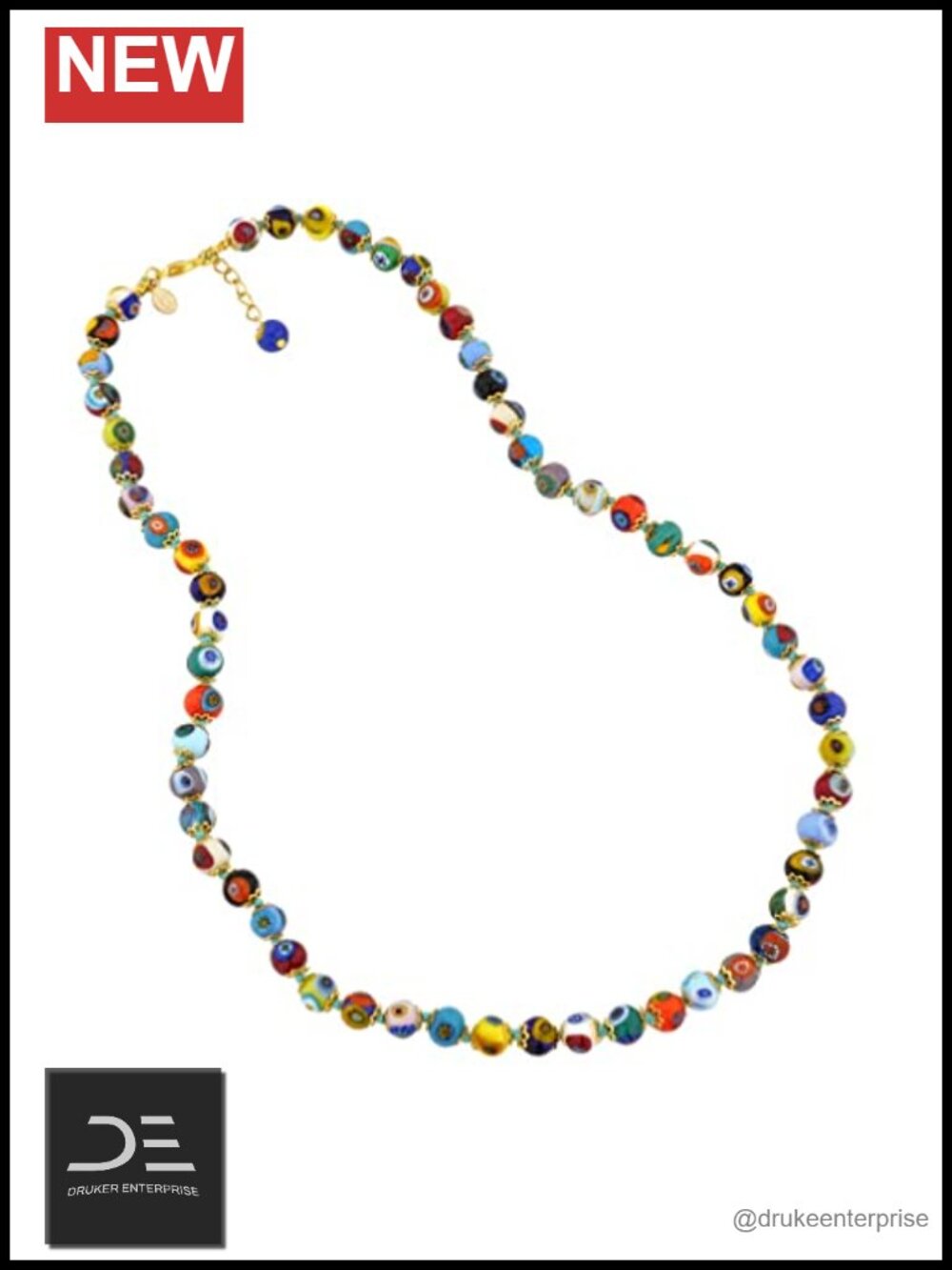 Handmade Murano Glass Millefiori Necklace 24" Gold Plated Brass